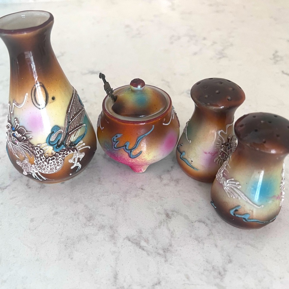Antique Japanese ceramic sugar/milk salt/pepper shaker set